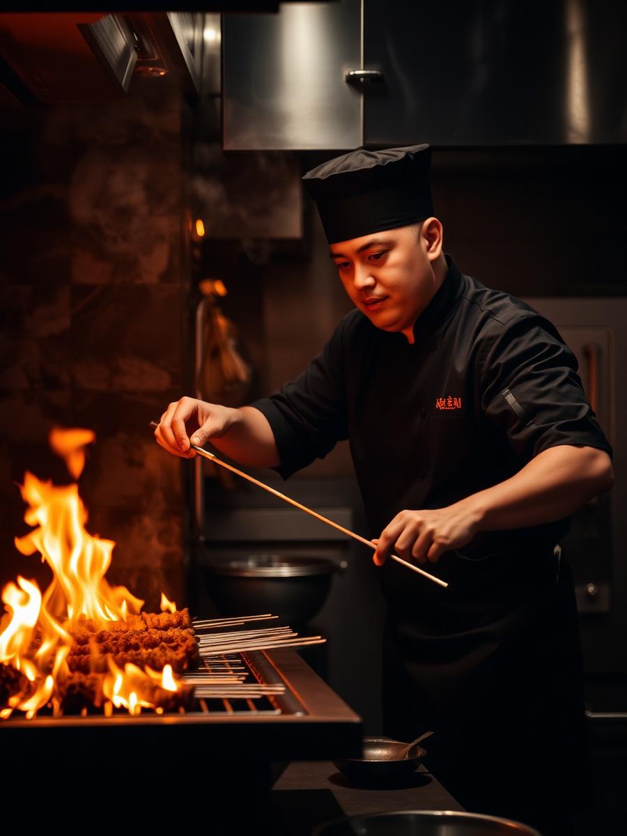 Chef grilling teriyaki skewers over open flame